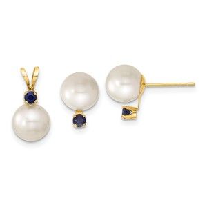 14k Yellow Gold 7-8mm White FWC Pearl & Sapphire Stud Earring & Pendant Set